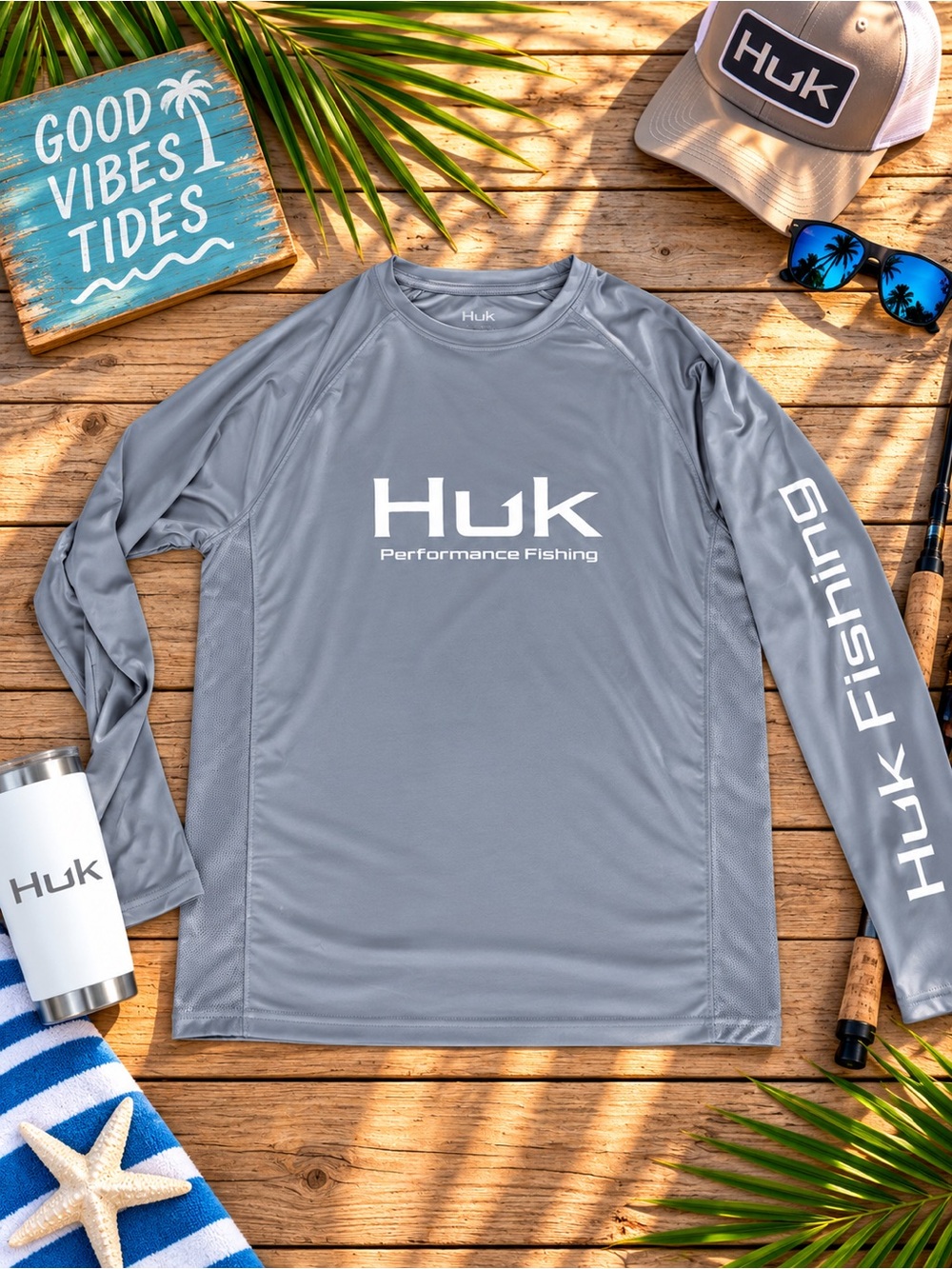 Huk Gray Long-Sleeve Performance Fishing Rash Guard
